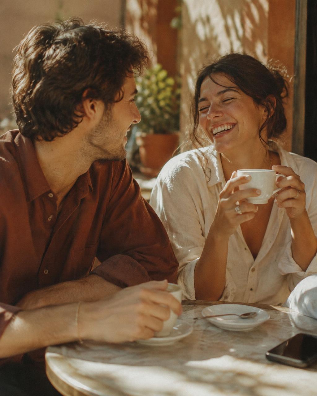 Dos jóvenes compartiendo una conversación en una cafetería